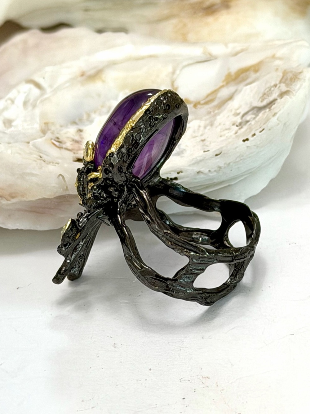 Artist Designed Coastal Sea Life Crab Amethyst Sterling Silver & 14k Ring - Picture 4 of 4